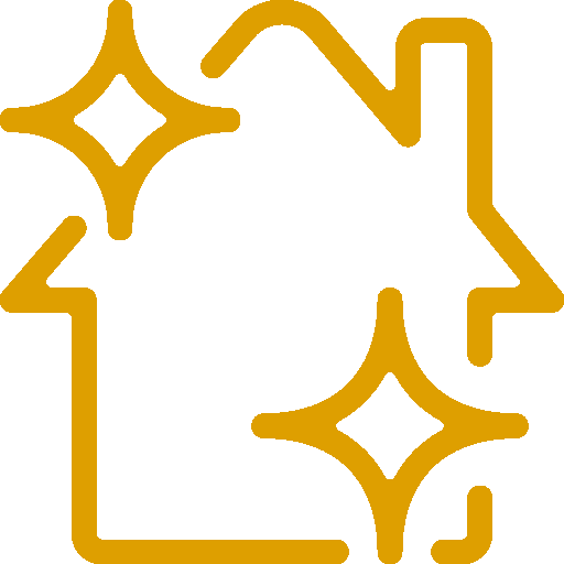 一棟房子的形象圖標，周圍有閃亮的星星，代表著清潔或新裝修過的家，完美地體現了我們「關於我們」部分的精髓。